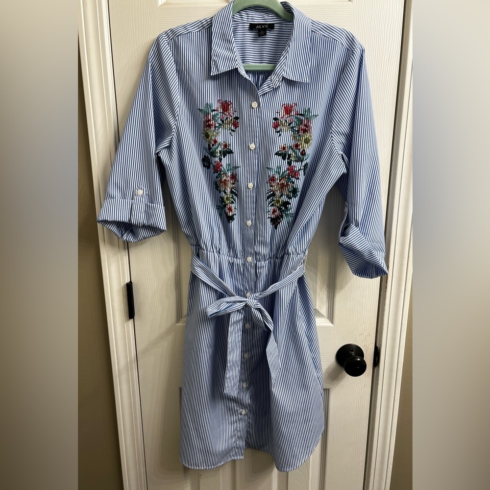 Alyx Blue Striped Shirt Dress with Floral Accents